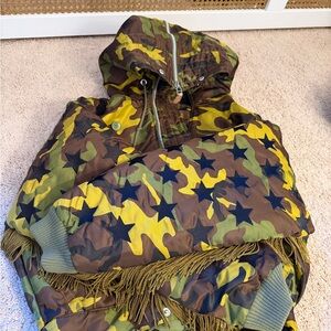 Limited Edition Jeremy Scott adidas collab camo fringe bomber with hood!